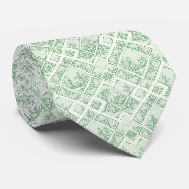 Gravata de Toile Verde Sálvia com Cenas Pastoris (Rolled)