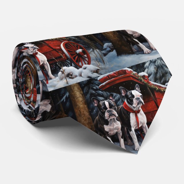 Gravata Decado de Natal de Boston Terrier Snowy Sleigh (Rolled)