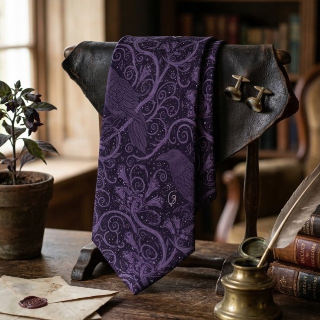 Gravata Declaração Formal da Academia Sombria do Corvo Gót (Whimsigoth raven purple necktie)