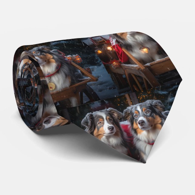 Gravata Decoração de Natal Australian Shepherd Snowy Sleig (Rolled)
