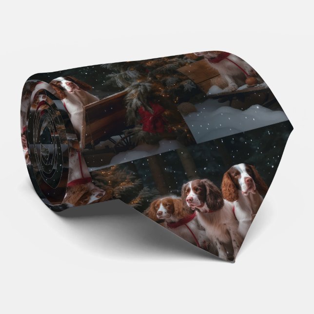 Gravata Decoração de Natal Brittany Spaniel Snowy Sleigh (Rolled)
