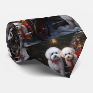 Gravata Decoração de Natal com Trenó Nevado e Bichon Frise