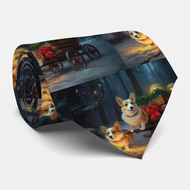 Gravata Decoração de Natal de Corgi Snowy Sleigh (Rolled)