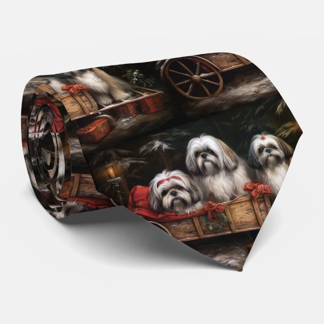 Gravata Decoração de Natal de Lhasa Apso Snowy Sleigh (Rolled)