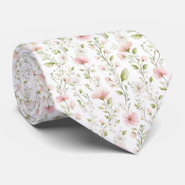 Gravata Delicate pink white flowers pattern neck tie (Rolled)