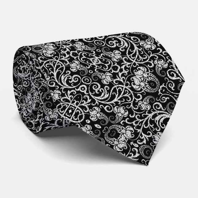 Gravata Desenho de flores dálmata preto fofo (Rolled)