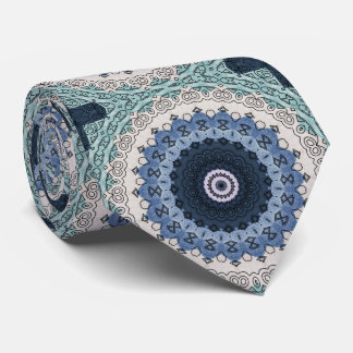 Gravata Desenho de Mandala Azul Oceano e Branco