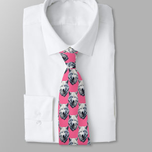 Gravata Desenho de padrão de cabeça de lobo branco rosa