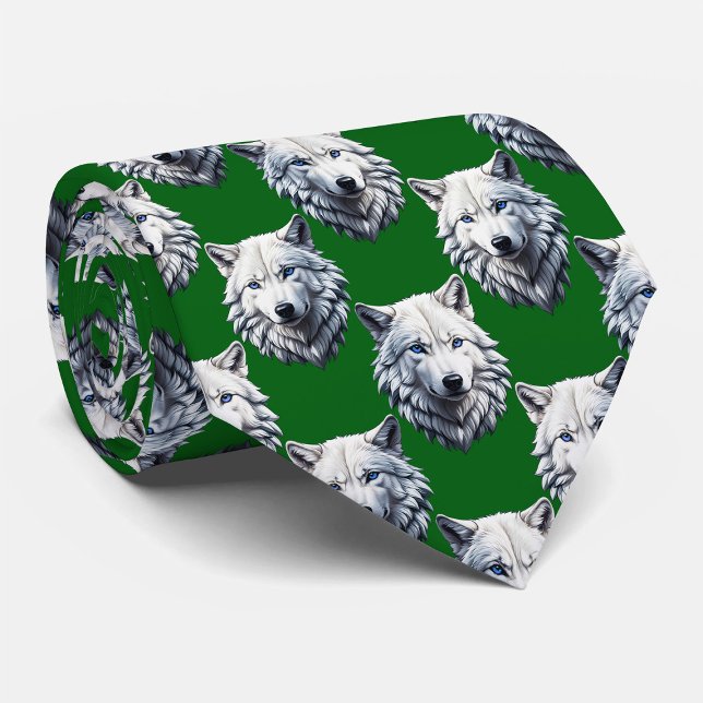 Gravata Desenho de padrão de cabeça de lobo branco verde  (Criador carregado)