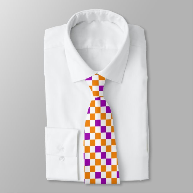 Gravata Desenho de padrão xadrez laranja branco roxo  (Amarrado)