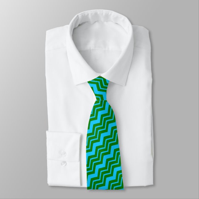 Gravata Desenho em ziguezague com Chevron Azul Verde (Amarrado)