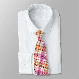 Gravata Desenho Xadrez Escocês Listrado Branco Rosa Laranj