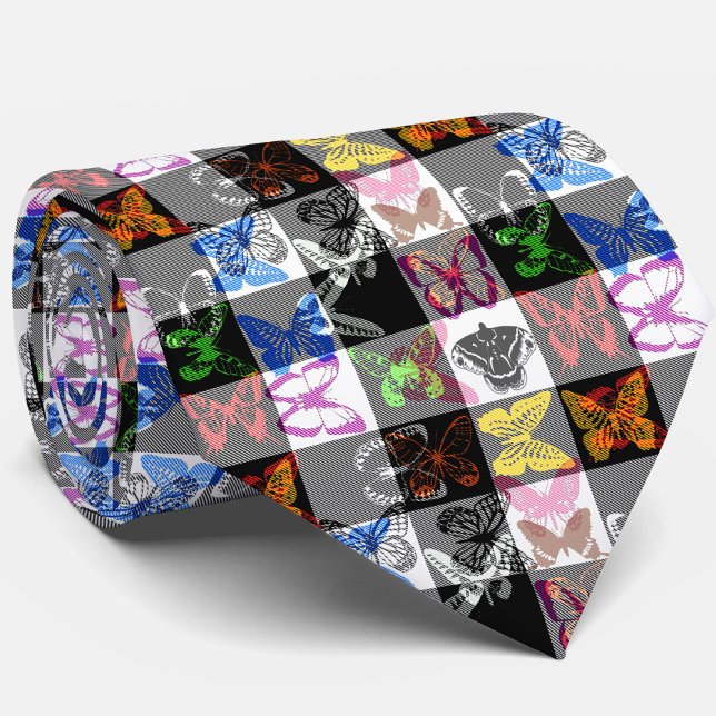 Gravata Desenho Xadrez Plaid Borboleta Colorida  (Criador carregado)
