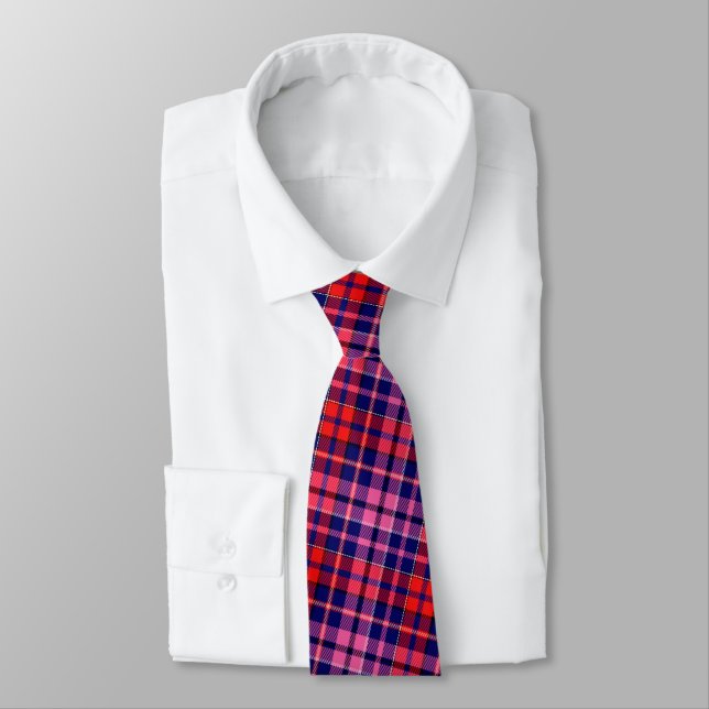 Gravata Desenho Xadrez Tartan Azul Marinho Vermelho Rosa  (Amarrado)
