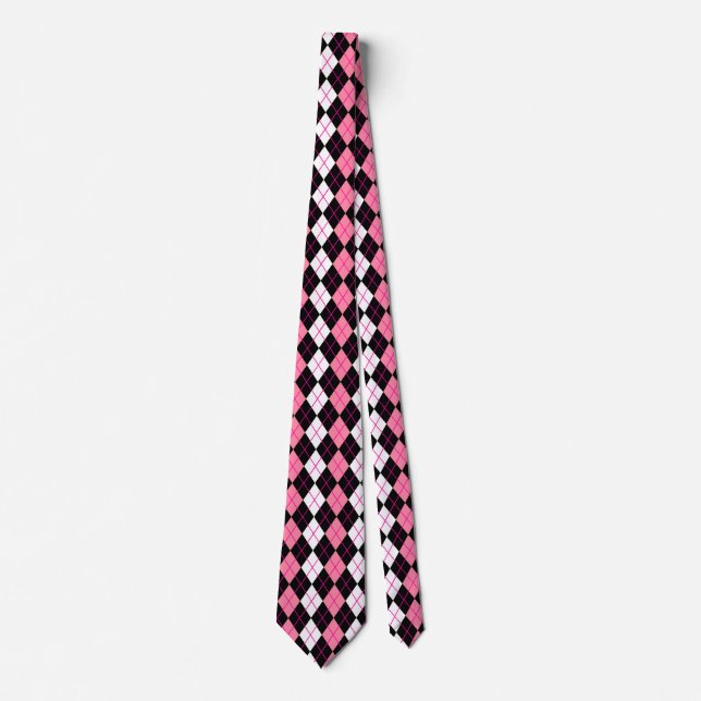 Gravata Design de diamante argyle rosa preto e branco (Frente)