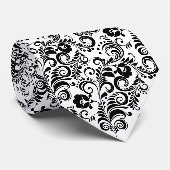 Gravata design de fundo floral branco preto fofo (Rolled)
