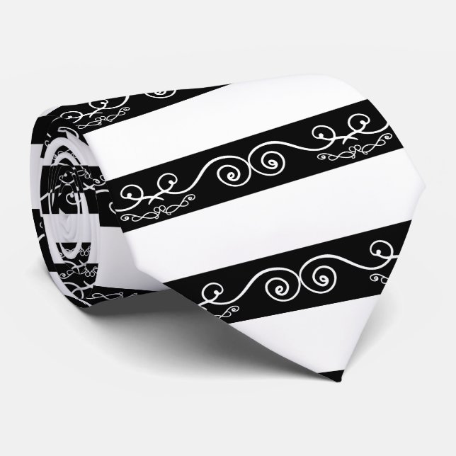 Gravata Design de monograma listrado branco preto (Rolled)