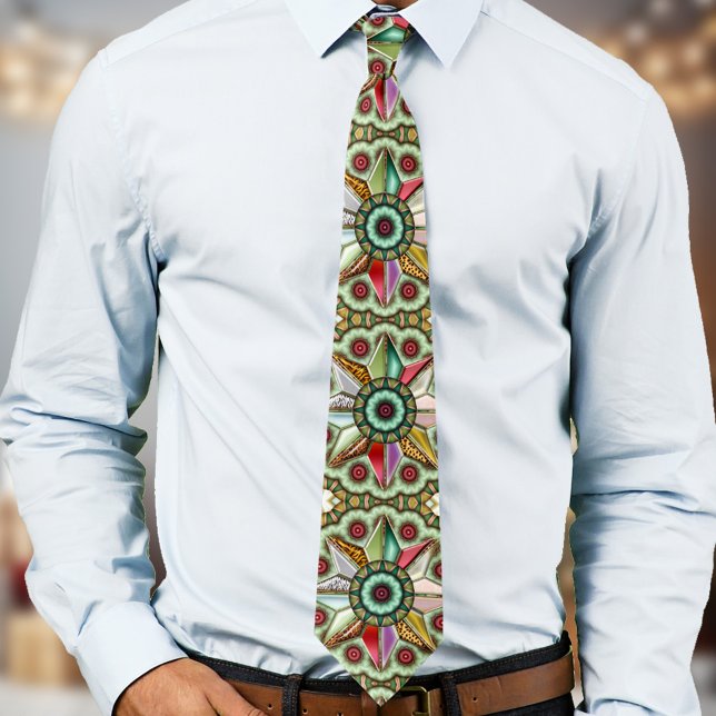 Gravata Design de Natal Geométrico (Christmas tie with an abstract art geometric star design in greens with colorful touches)