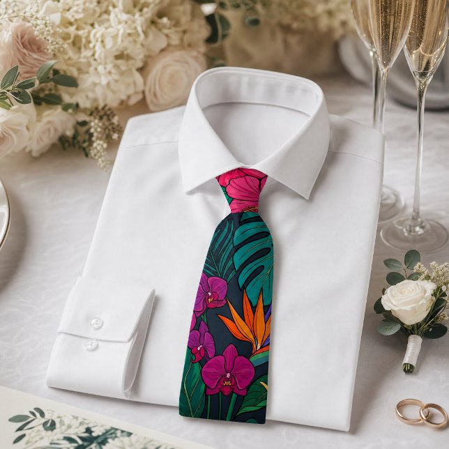 Gravata Design Floral Tropical | Hibisco & Folhagem (weddingtie #tropicaltie #giftformen #giffordad #tropical #floraltie #greenerytie #summertie)