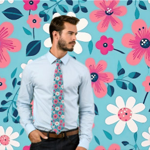 Gravata Design Floral Vermelho e Branco Azul Claro