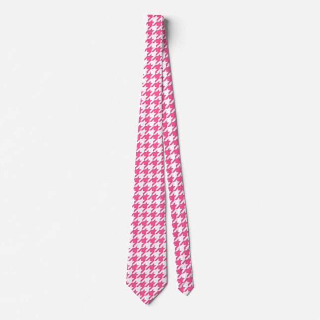 Gravata Design Xadrez Houndstooth Rosa Branco  (Frente)