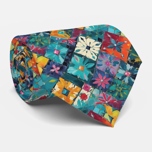 Gravata Diamantes Geométricos e Gemas Floral Turquesa (Rolled)