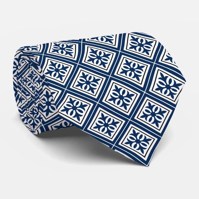 Gravata Diamond Geométrico Blue & White Tie (Rolled)