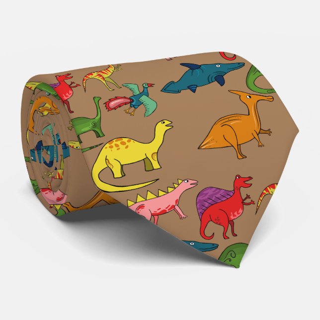 Gravata Dinossauros Arco-Íris Marrons (Rolled)