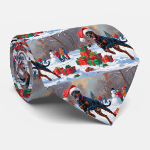 Gravata Doberman Correndo na Neve com Chapéu de Natal