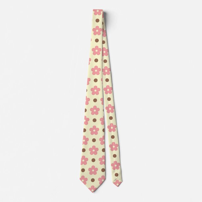 Gravata Doce Floral Rosa e Pontos Marrons Retrô (Frente)