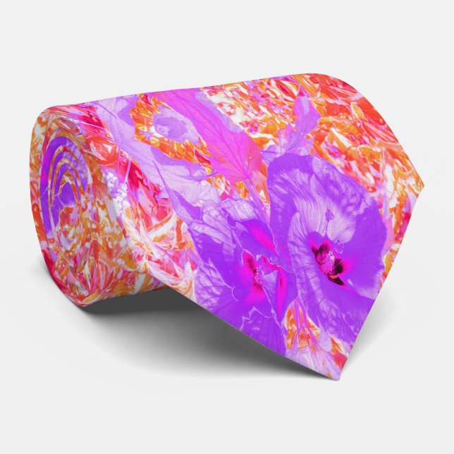Gravata Dois Hibiscus Louco Roxo e Rosa Quente em Vermelho (Rolled)