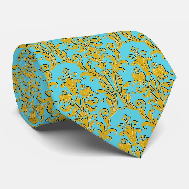 Gravata Dourado Casamento Floral Damask Turquoise (Rolled)