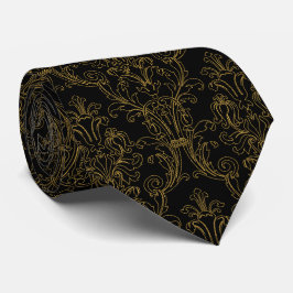 Gravata Dourado contorno do Damasco Formal Preto