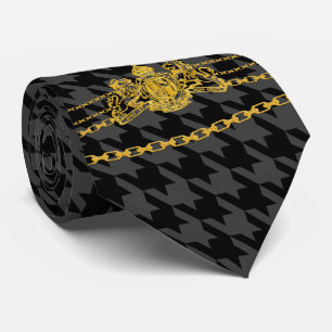 Gravata Dourado emblem Chain Trim Black Cinza Houndstooth