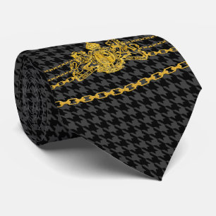 Gravata Dourado emblem Chain Trim Black Cinza Houndstooth