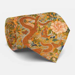 Gravata DRAGÃO ENTRE PEONIAS, FLORES, FOLHAS VERDES Floral