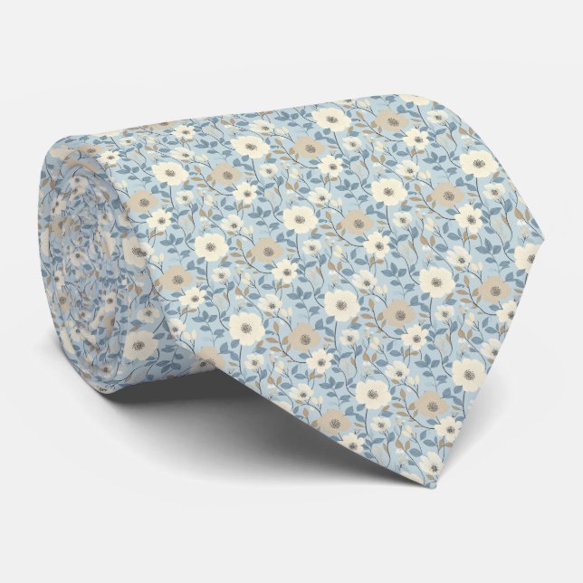 Gravata Dusty Blue Beige Floral Wedding Groom Groomsman (Rolled)