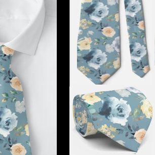 Gravata Dusty Blue Cream Watercolor Rosa Floral
