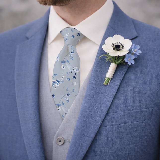 Gravata Dusty Blue Floral Pattern Wedding Tie (Criador carregado)