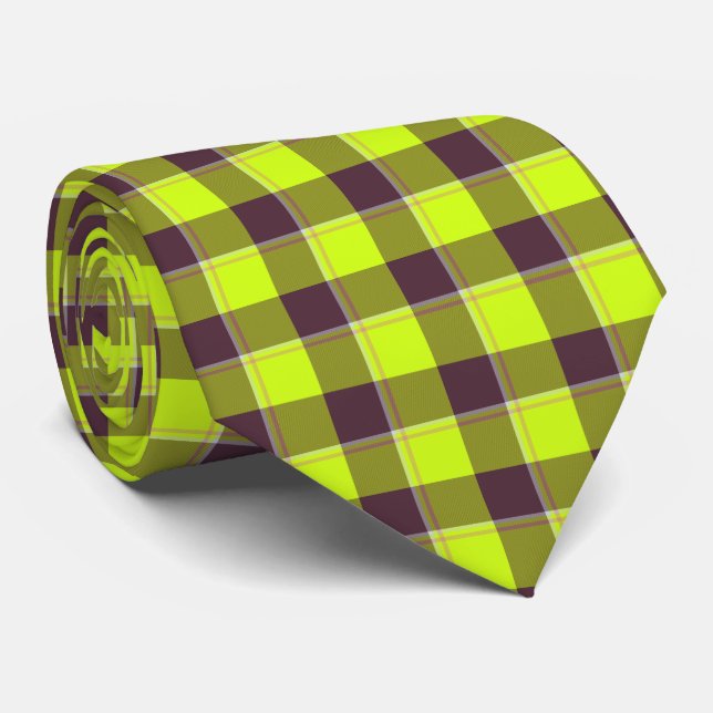 Gravata Electric Lime and Livid Brown Plaid Neck Tie (Rolled)