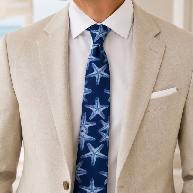 Gravata elegância costeira praia rústica náutica azul estr (coastal chic beach rustic nautical blue starfish neck tie)