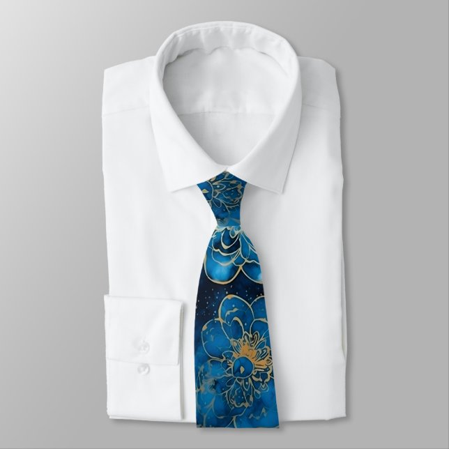 Gravata Elegant Abstract Blue & Gold Floral (Amarrado)