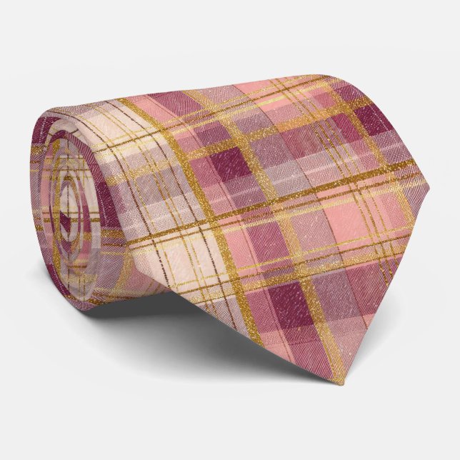 Gravata Elegant Pink and Gold Plaid Gingham Pattern (Rolled)