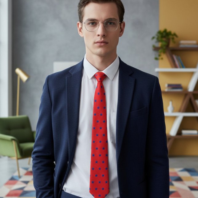 Gravata Elegant Red Tie with Embroidered-Effect Blue Stars (Criador carregado)