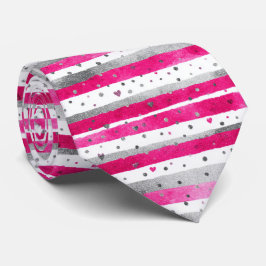 Gravata Elegant Valentine Pink Silver Hearts on Striped