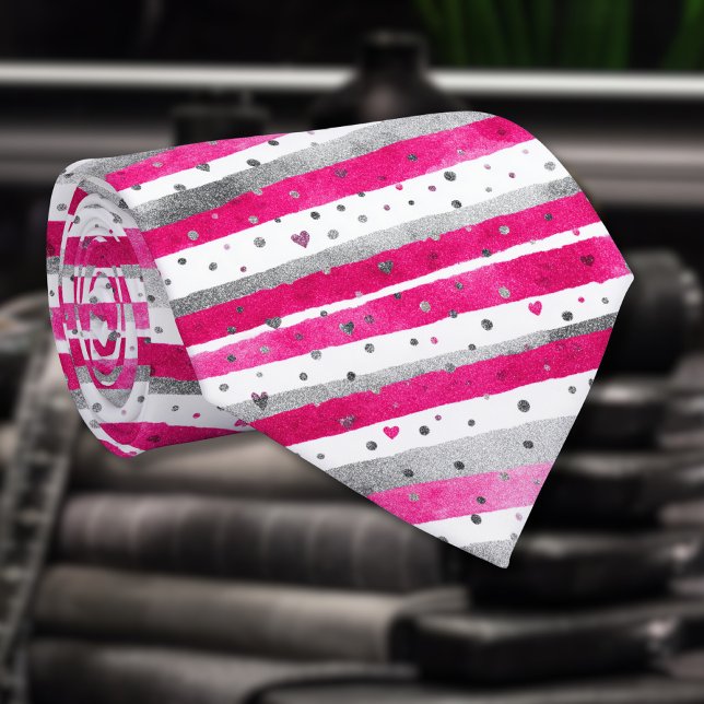 Gravata Elegant Valentine Pink Silver Hearts on Striped (Criador carregado)