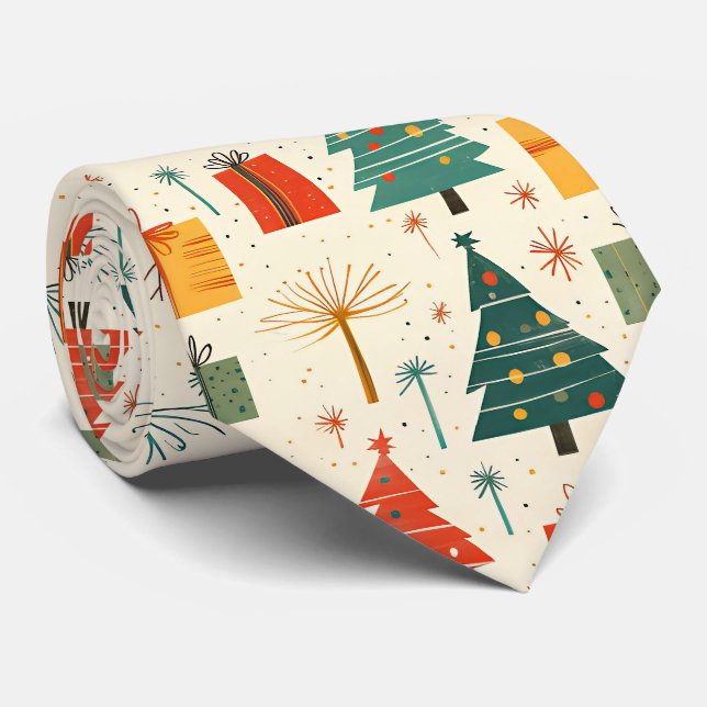 Gravata Elegante Árvore de Natal e Padrão de Presentes  (Rolled)