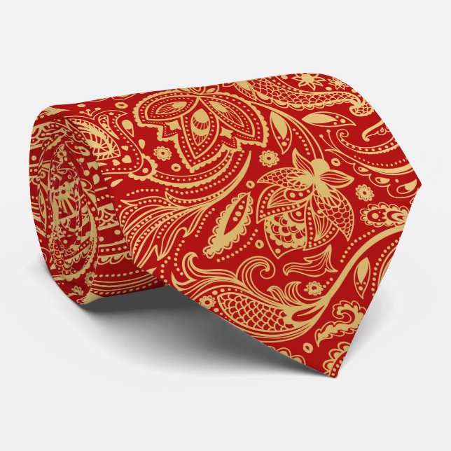 Gravata Elegante Dourado e Red Vintage Paisley (Rolled)