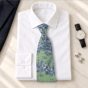 Gravata Elegante estampa azul verde vintage toile de jouy