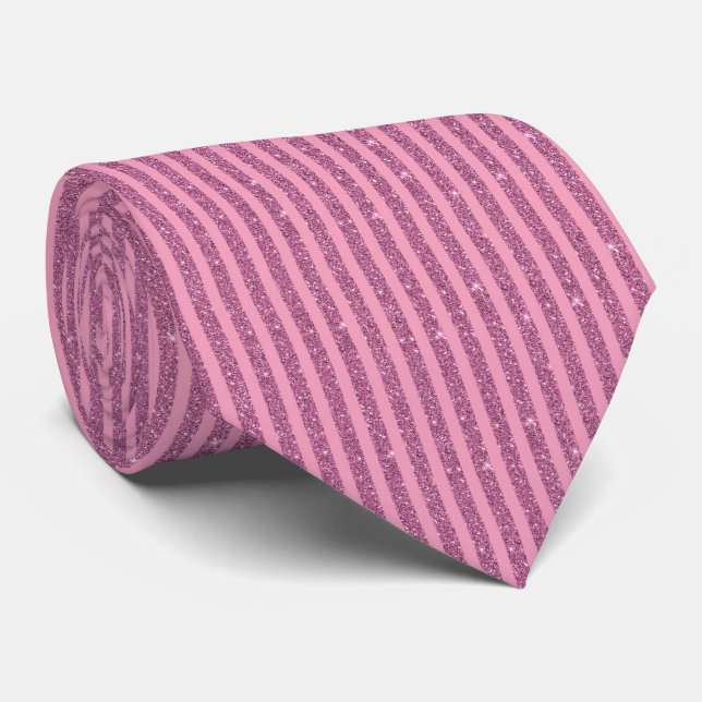 Gravata Elegante Faixa Vertical Rosa com Brilho (Rolled)